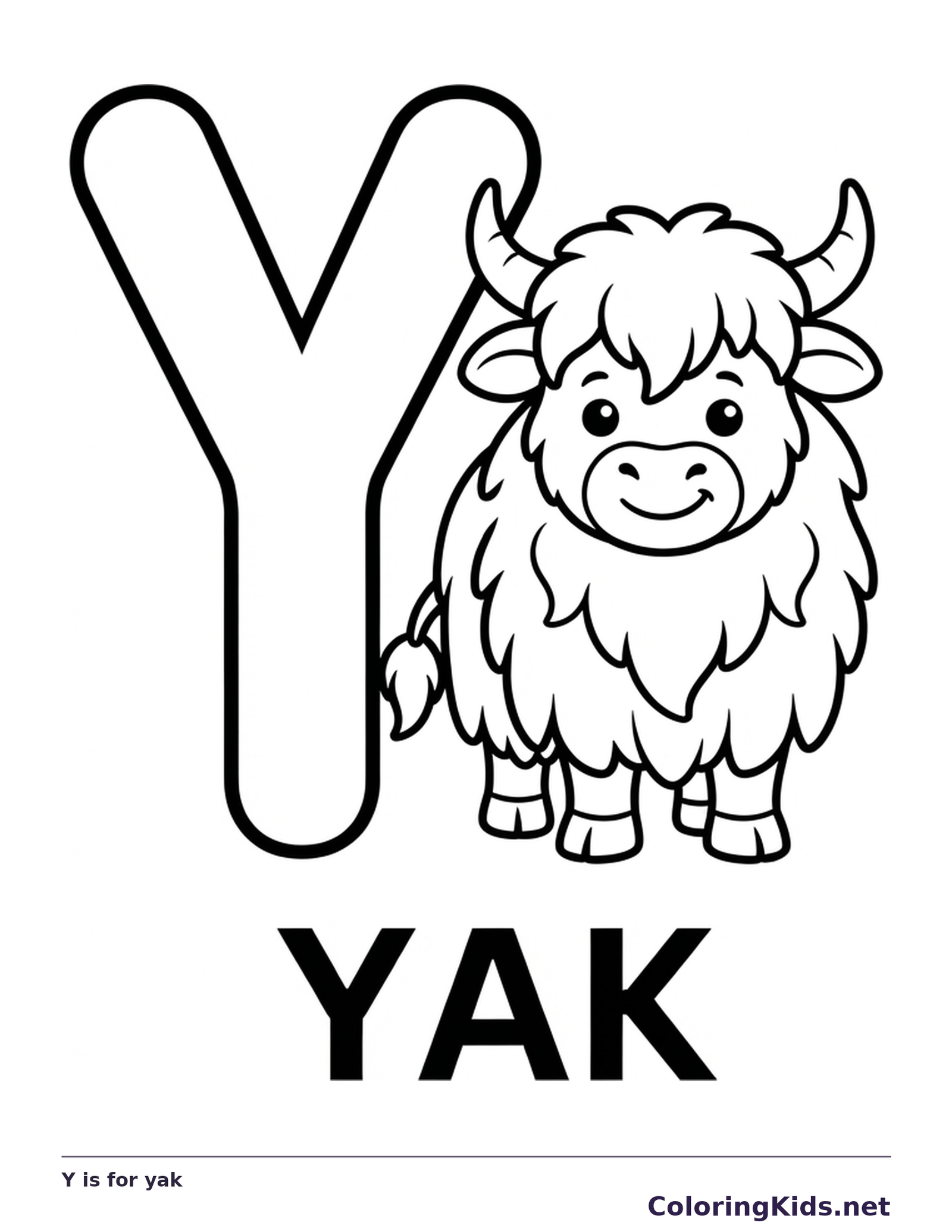 Y is for yak coloring page, printable black and white picture