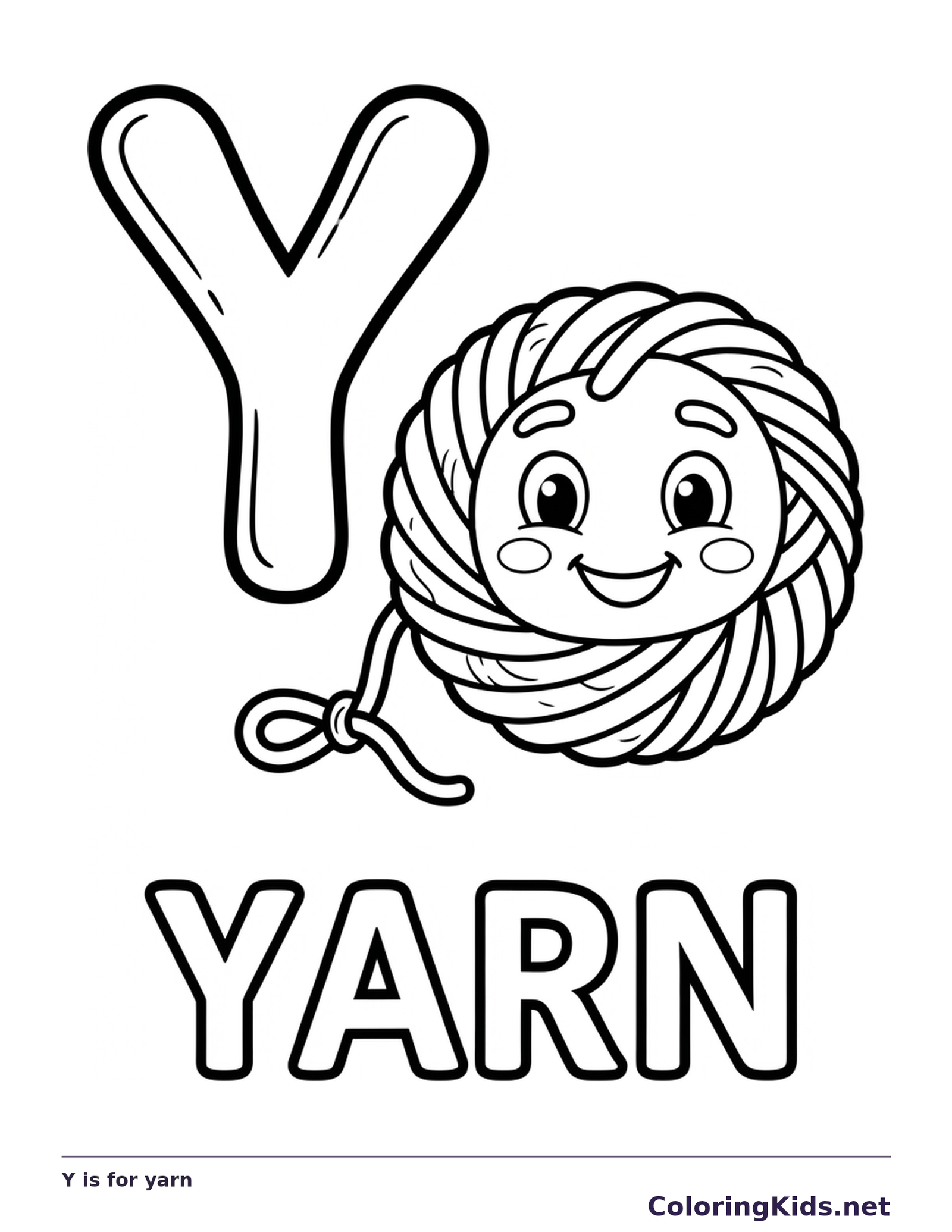 Y is for yarn coloring page, printable black and white picture