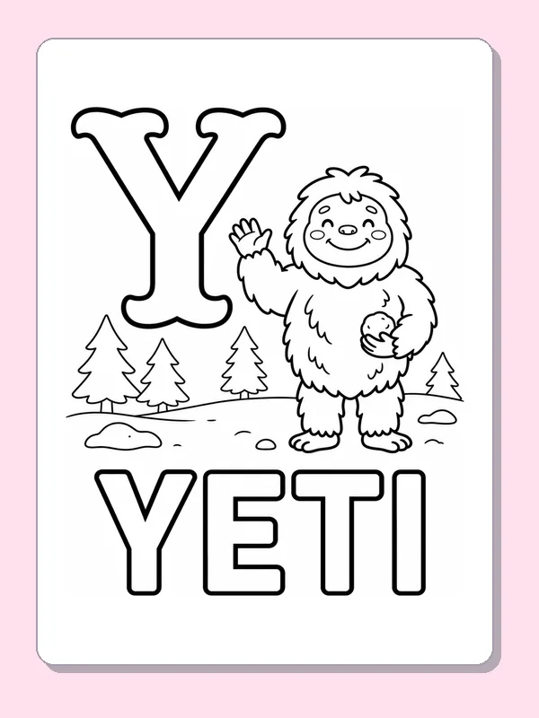 Y is for yeti coloring page, printable black and white picture