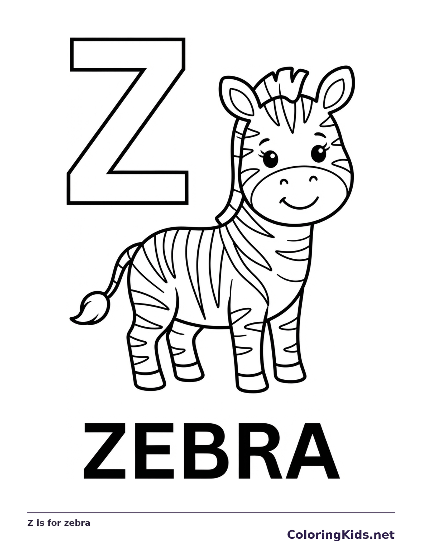 Z is for zebra printable letter Z coloring page with outlined letter and picture