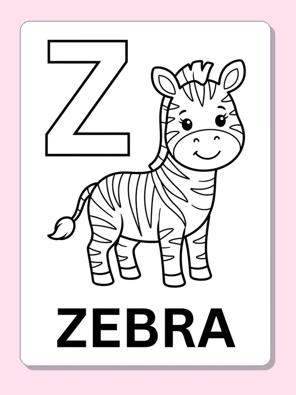 Z is for zebra printable letter Z coloring page with outlined letter and picture