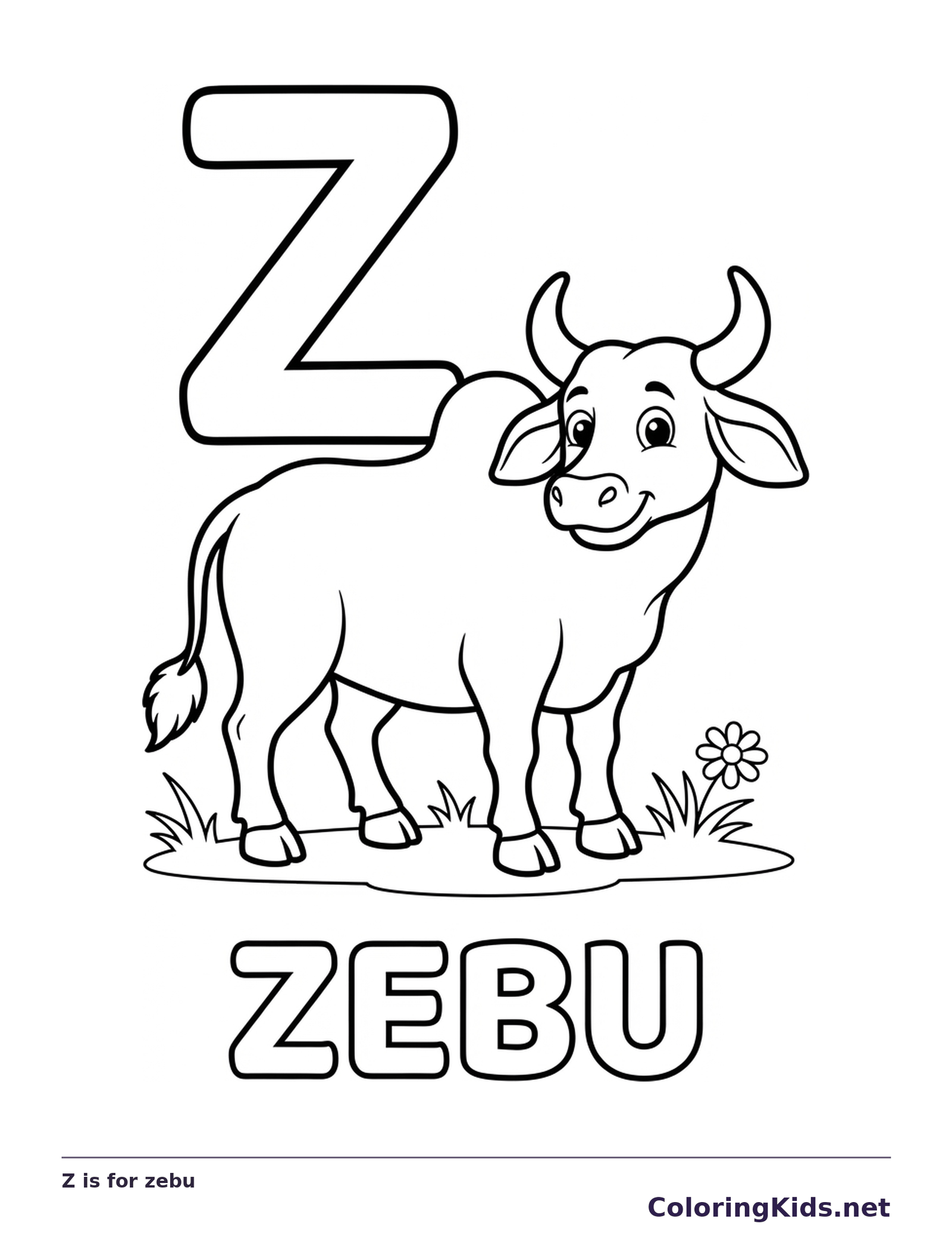 Z is for zebu printable letter Z coloring page with outlined letter and picture