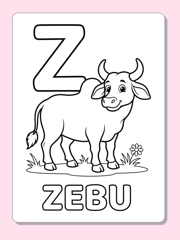 Z is for zebu printable letter Z coloring page with outlined letter and picture