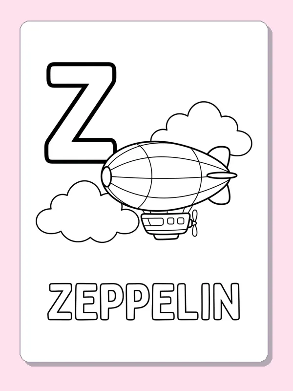Z is for zeppelin printable letter Z coloring page with outlined letter and picture