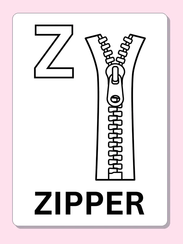 Z is for zipper printable letter Z coloring page with outlined letter and picture
