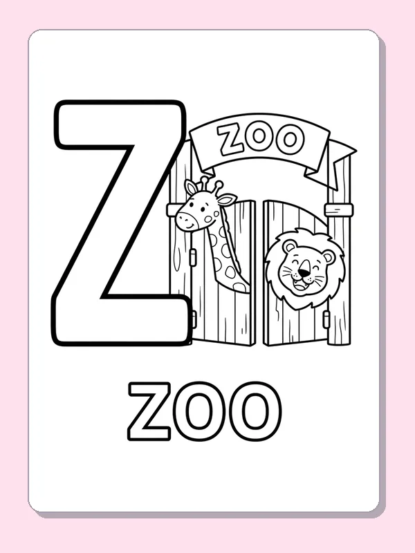 Z is for zoo printable letter Z coloring page with outlined letter and picture
