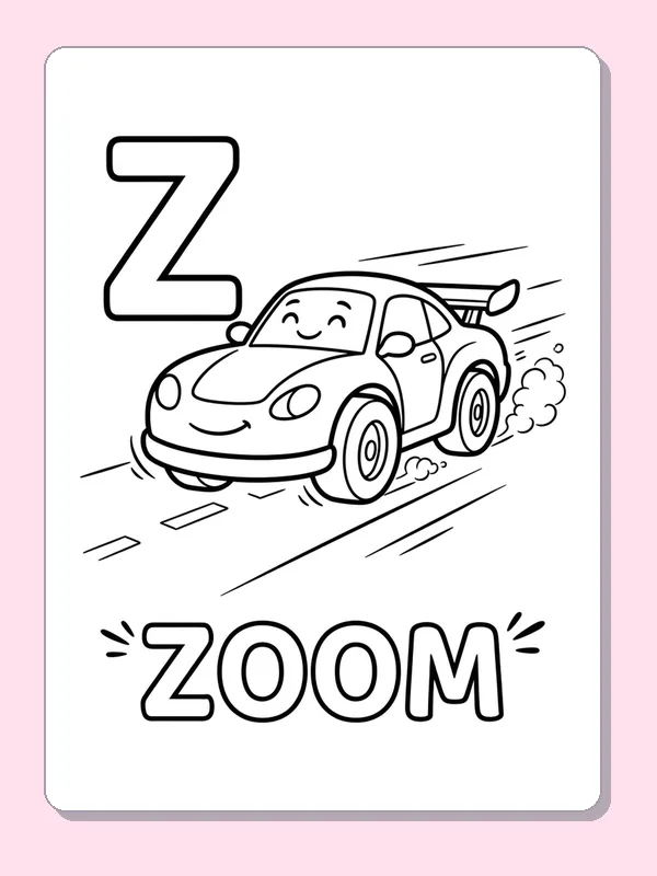 Z is for zoom printable letter Z coloring page with outlined letter and picture
