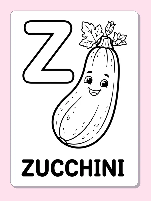 Z is for zucchini printable letter Z coloring page with outlined letter and picture