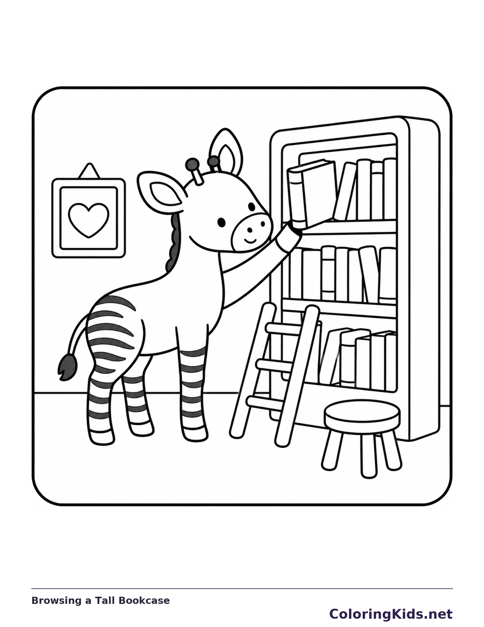 Black-and-white library coloring page of browsing a tall bookcase: A striped reader points toward a tall bookcase with a leaning ladder and stool nearby.