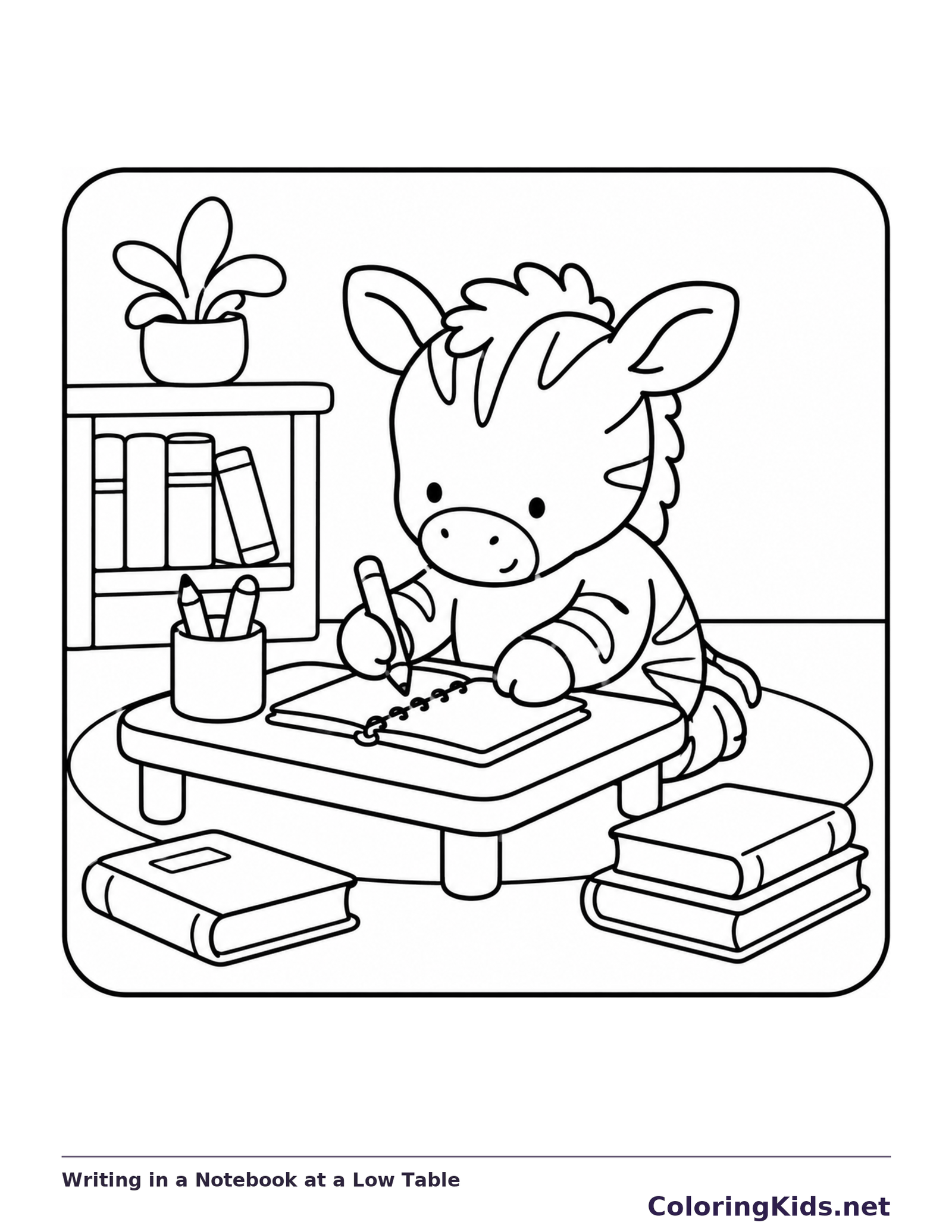 Black-and-white library coloring page of writing in a notebook at a low table: The striped character uses a pencil in an open notebook at a short table.