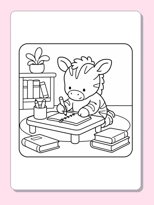 Black-and-white library coloring page of writing in a notebook at a low table: The striped character uses a pencil in an open notebook at a short table.