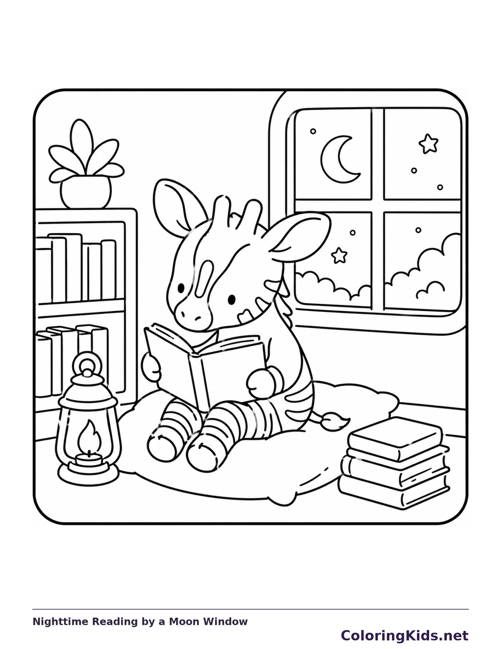 Black-and-white library coloring page of nighttime reading by a moon window: A reader sits on a cushion with a book, lantern and small stack beneath a window showing a crescent moon and stars.