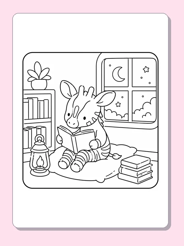 Black-and-white library coloring page of nighttime reading by a moon window: A reader sits on a cushion with a book, lantern and small stack beneath a window showing a crescent moon and stars.