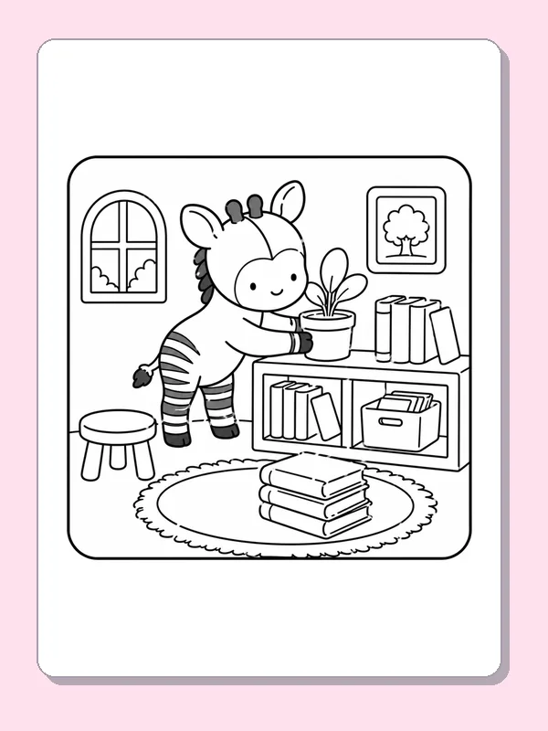 Black-and-white library coloring page of setting a plant beside the books: A striped character lifts a potted plant onto a shelf beside books and storage boxes.