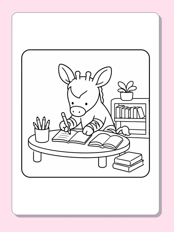 Black-and-white library coloring page of writing beside a small bookcase: A striped reader writes in an open notebook at a round table with a pencil cup, open book and compact shelf behind it.