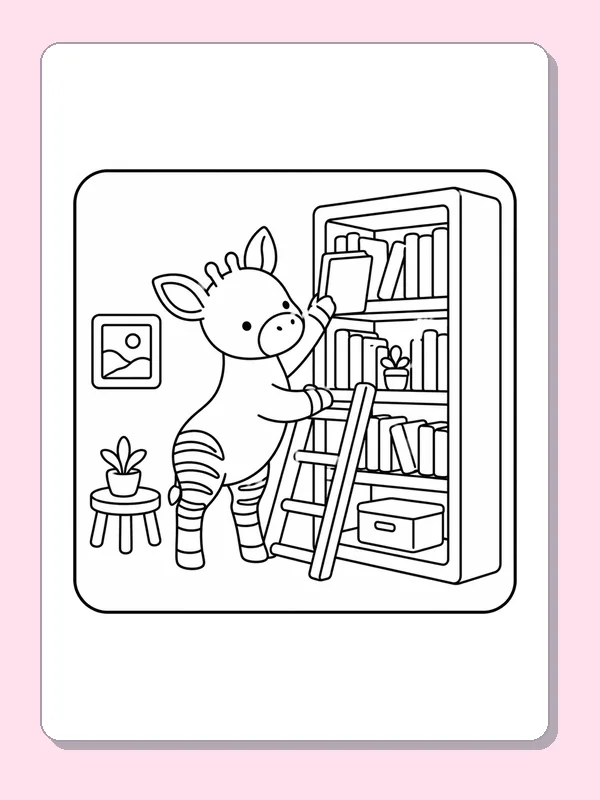 Black-and-white library coloring page of reaching up beside a bookcase ladder: A striped reader reaches up toward a high shelf beside a small ladder.