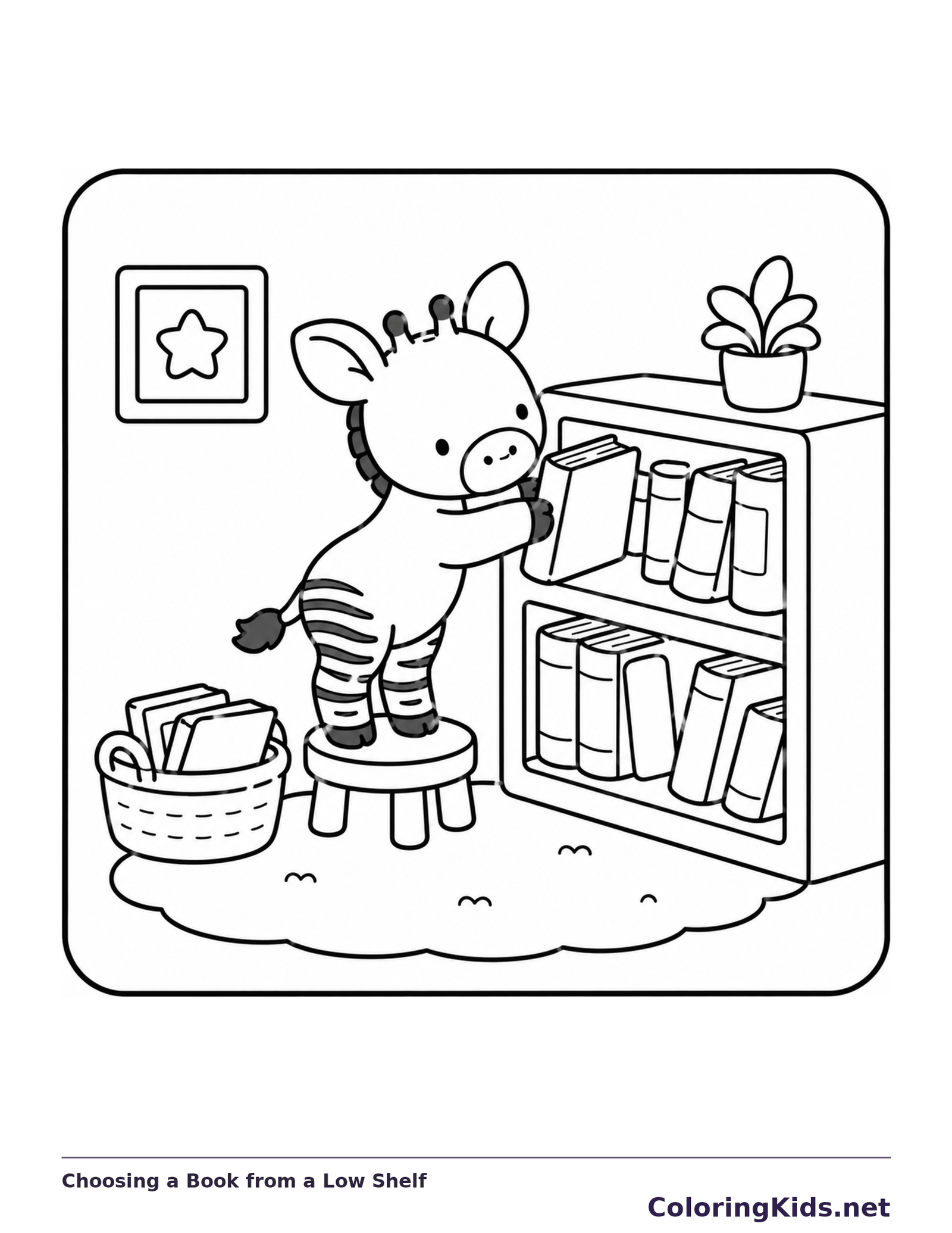 Black-and-white library coloring page of choosing a book from a low shelf: The striped reader stands on a stool and reaches toward a low bookcase, with a basket below.
