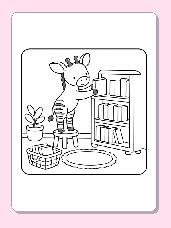 Black-and-white library coloring page of returning a book from a stool: The reader stands on a stool to put a volume on a bookcase shelf.