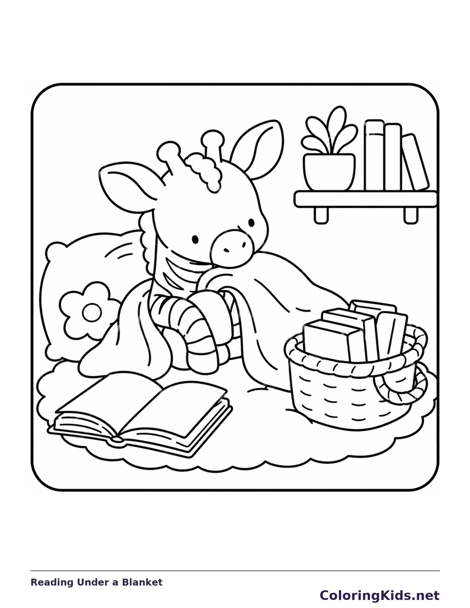 Black-and-white library coloring page of reading under a blanket: A small striped reader lies under a draped blanket beside an open book and a basket of stories.