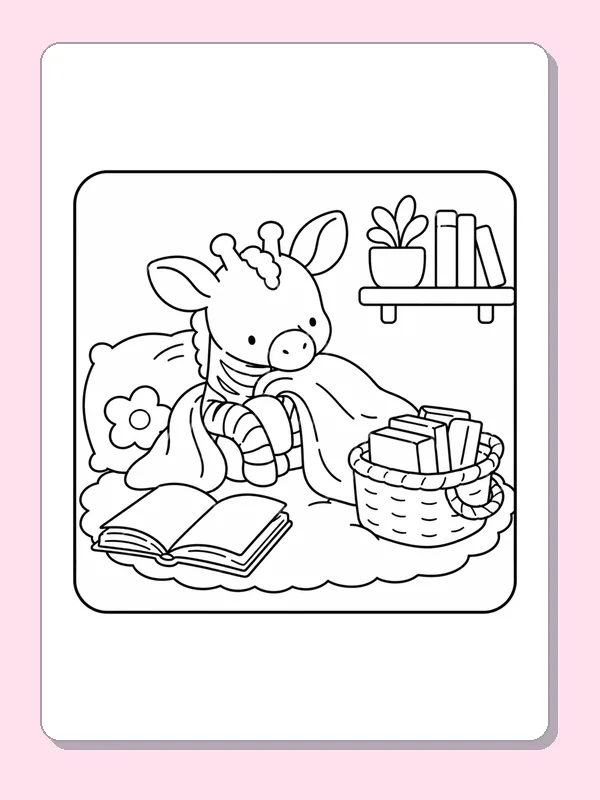 Black-and-white library coloring page of reading under a blanket: A small striped reader lies under a draped blanket beside an open book and a basket of stories.
