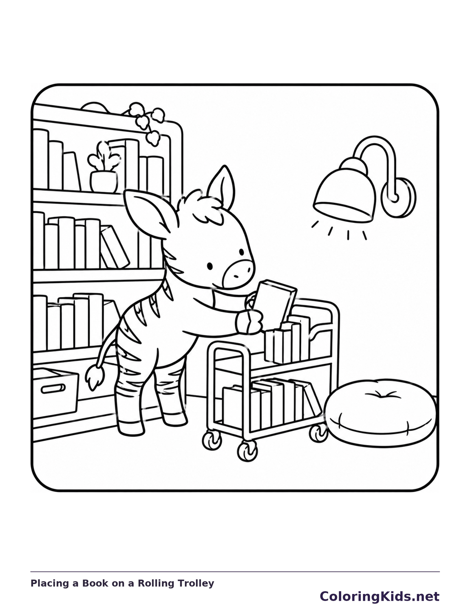 Black-and-white library coloring page of placing a book on a rolling trolley: A striped reader puts one volume onto a loaded book trolley beneath a curved lamp.