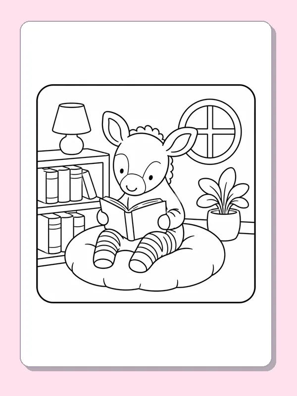 Black-and-white library coloring page of striped reader on a round cushion: A striped storybook animal reads on a large round cushion beside a bookcase, lamp and houseplant.