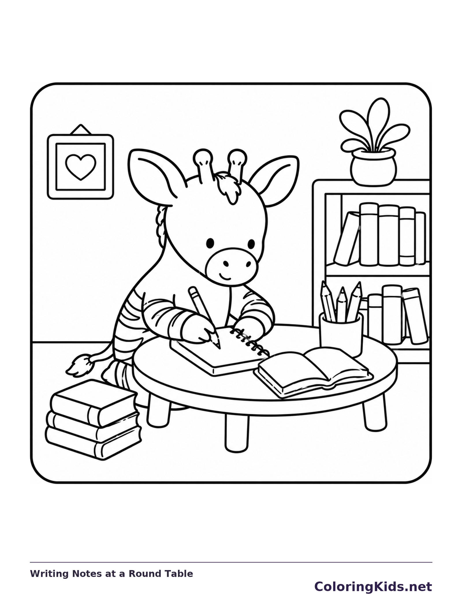 Black-and-white library coloring page of writing notes at a round table: A striped storybook animal writes beside an open book and pencil cup at a round table.