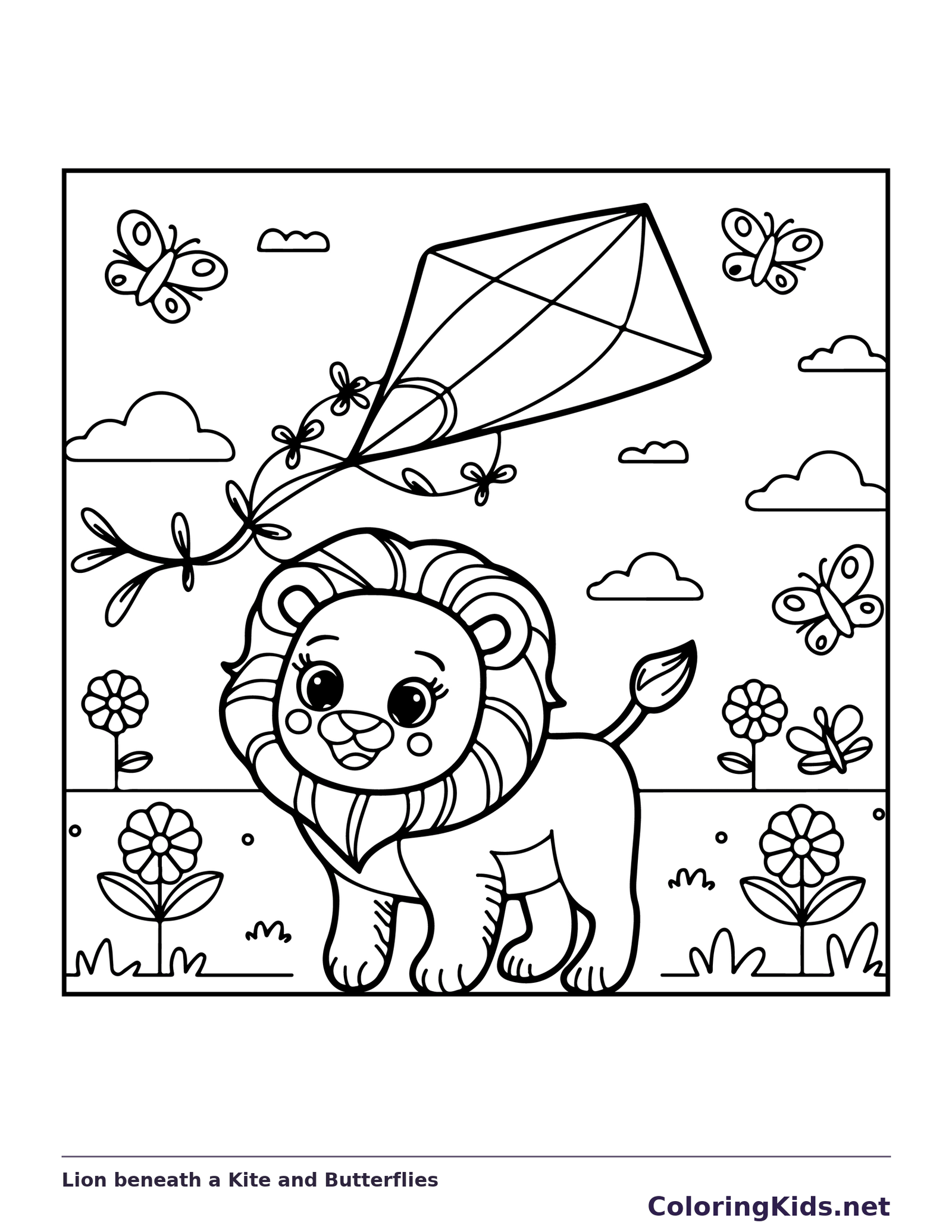 Lion beneath a flying kite among butterflies and flowers