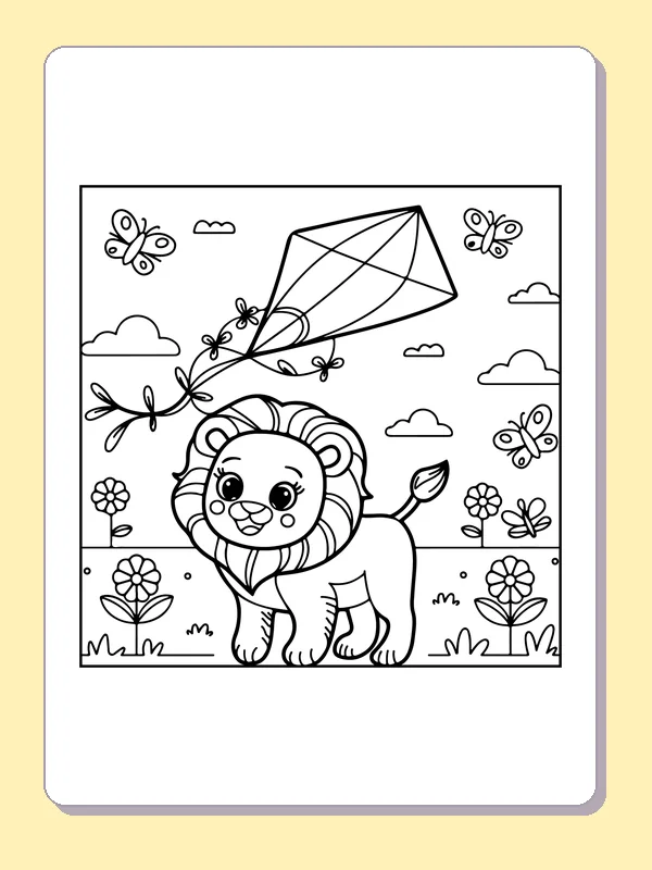 Lion beneath a flying kite among butterflies and flowers