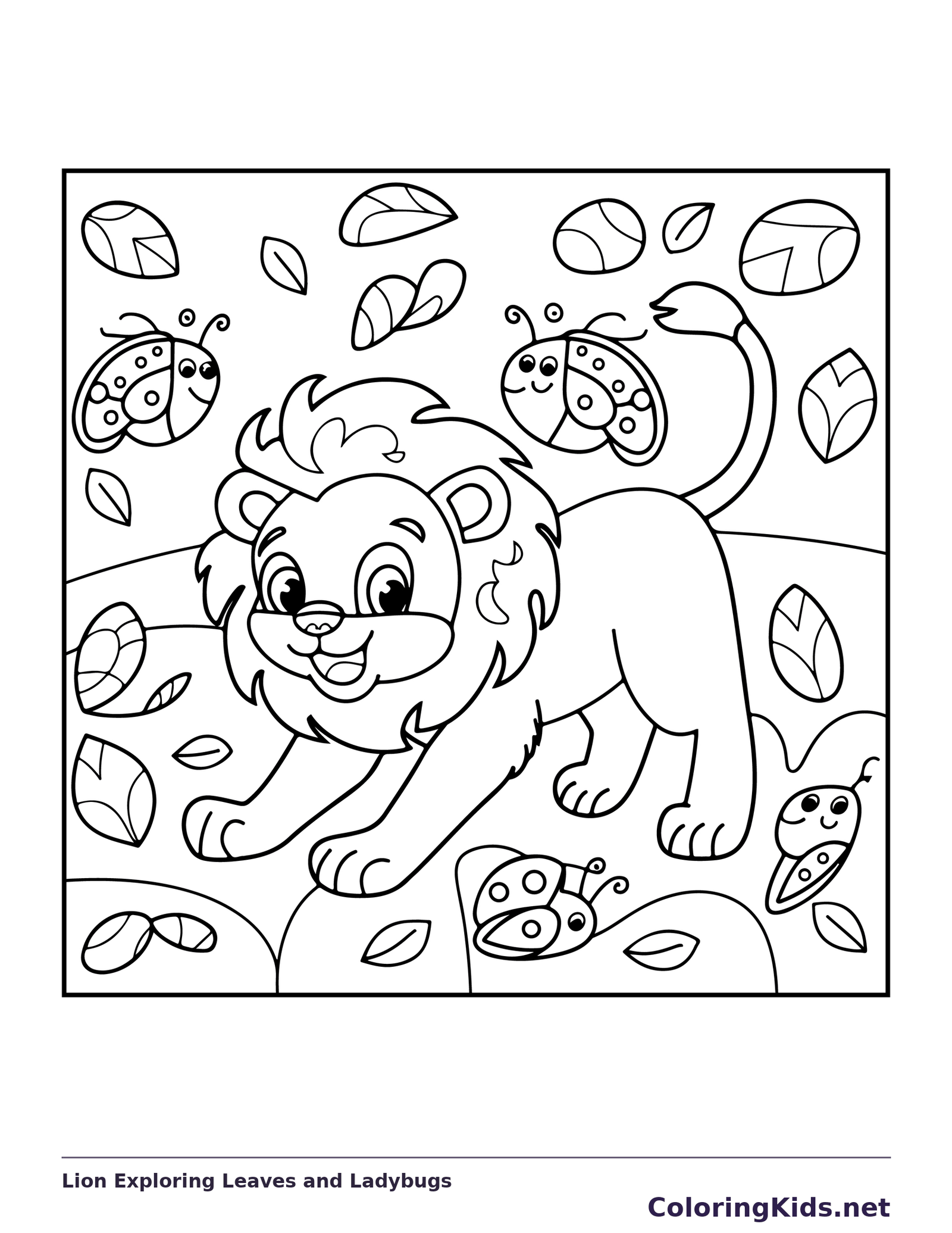 Lion exploring leaves and spotted ladybugs among plants