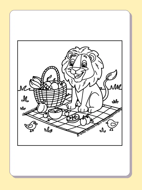 Lion having a picnic on a blanket with basket, fruit and birds