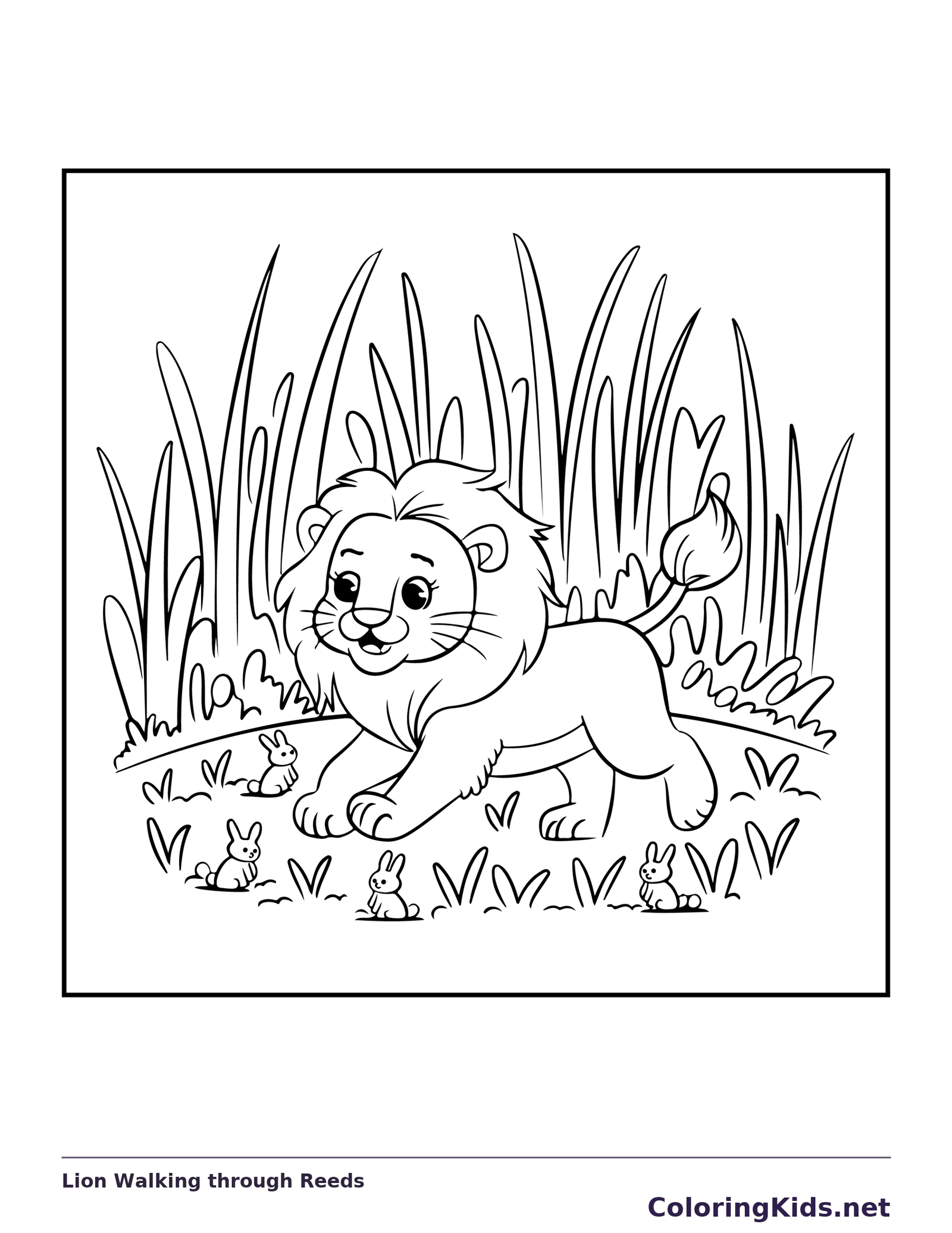 Lion walking in front of tall reeds and small plants