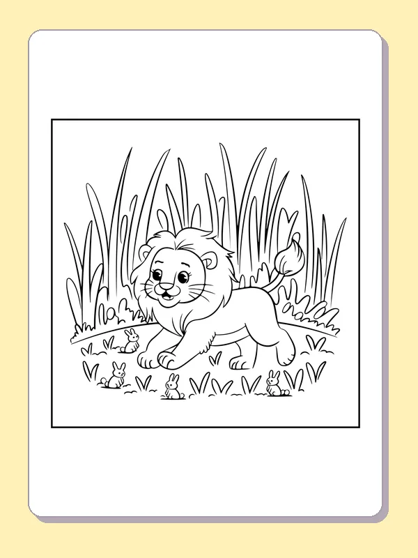 Lion walking in front of tall reeds and small plants