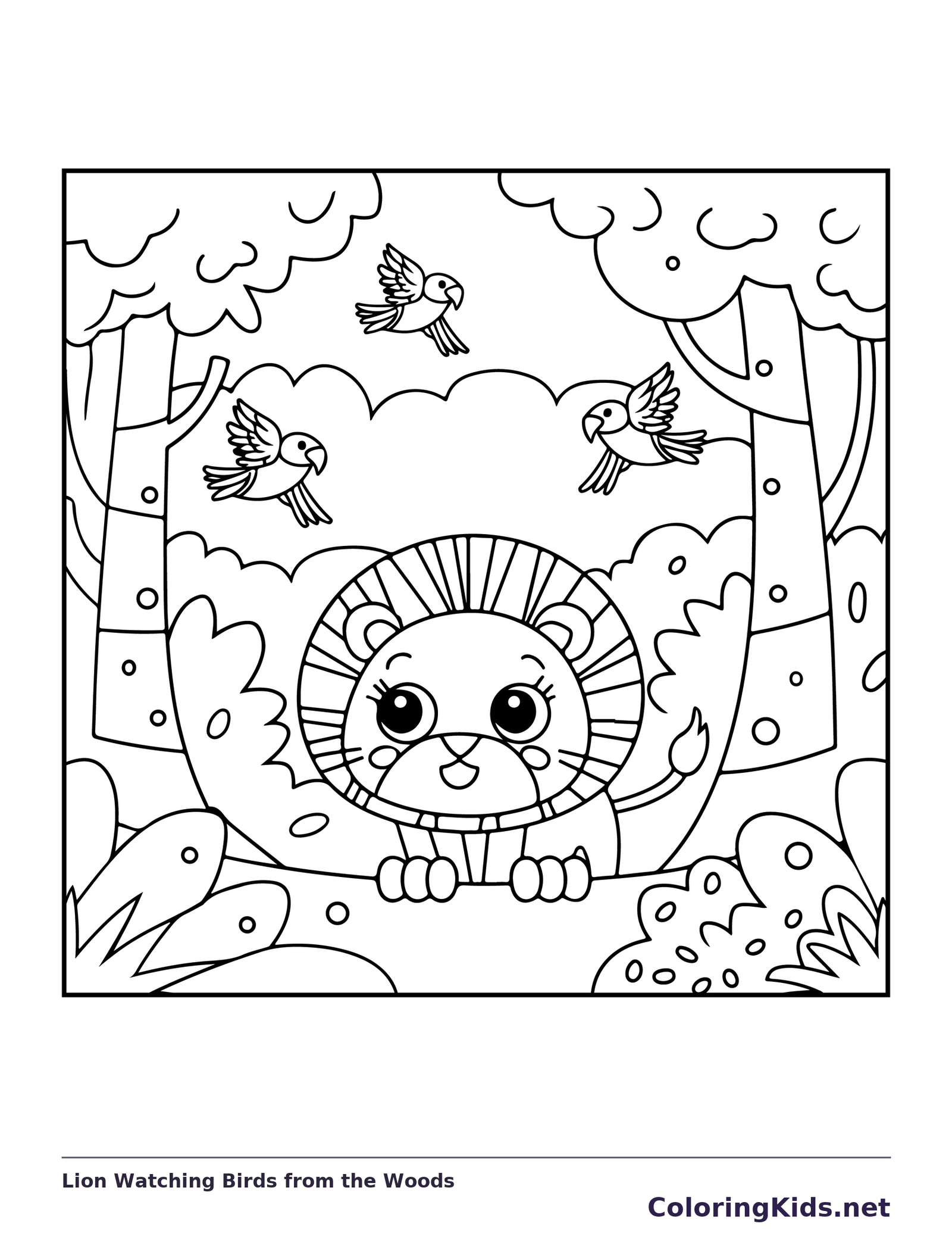 Lion watching three flying birds between trees from a wooded clearing