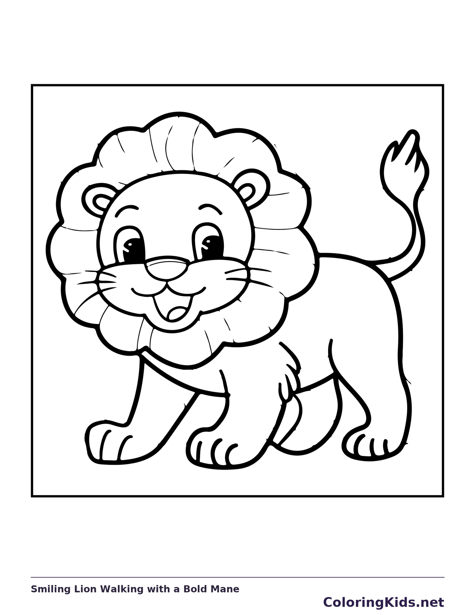 Smiling full-body lion walking with a broad segmented mane