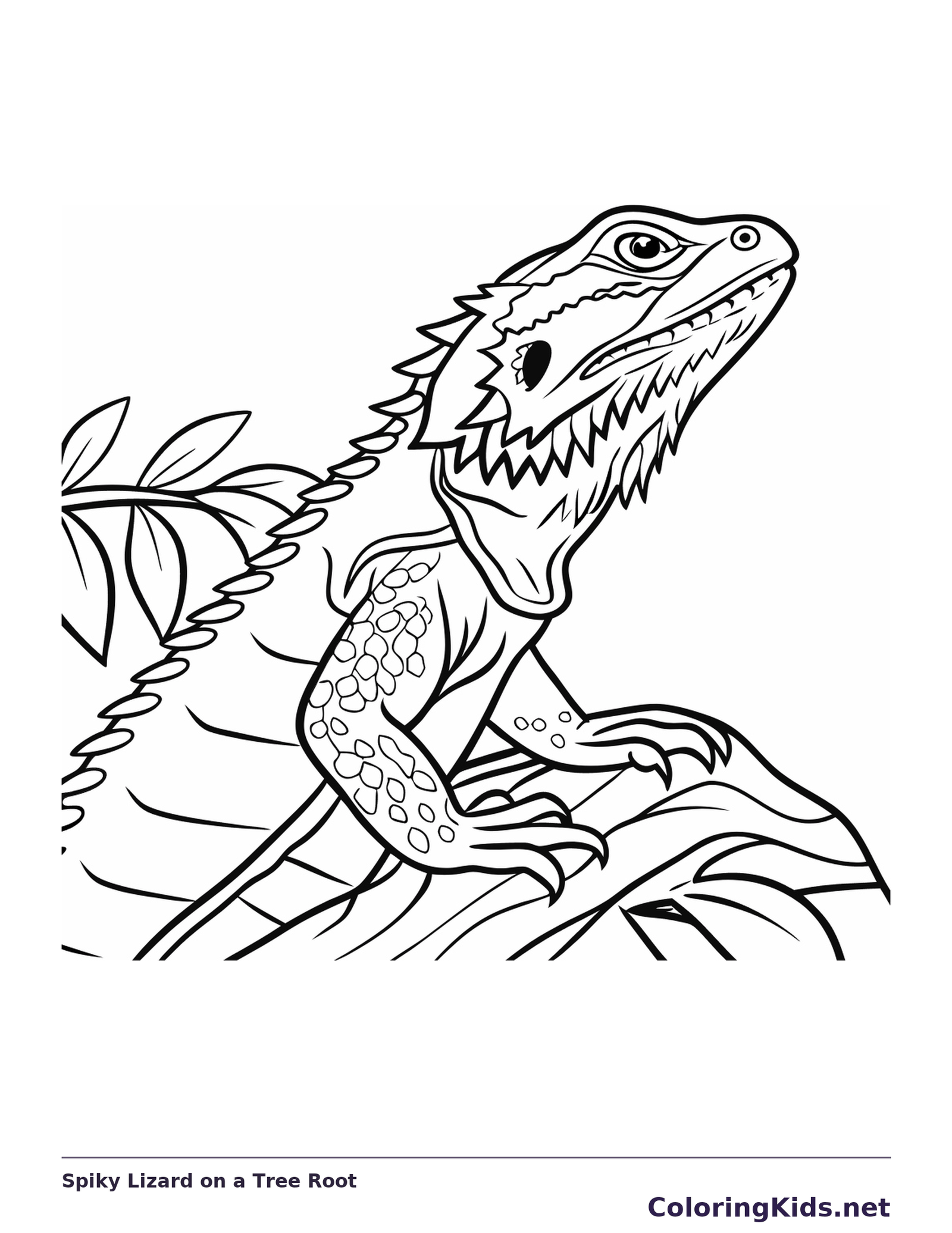 Black and white printable spiky lizard on a tree root coloring sheet