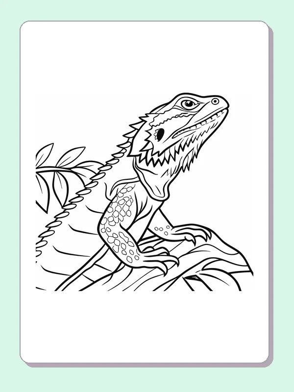 Black and white printable spiky lizard on a tree root coloring sheet