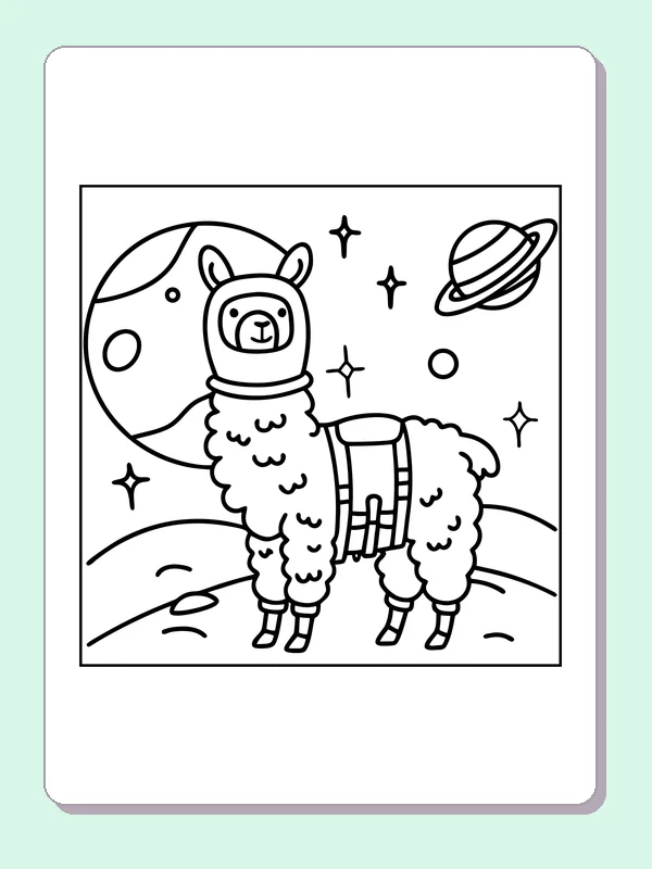 Black-and-white printable astronaut llama on the moon coloring sheet