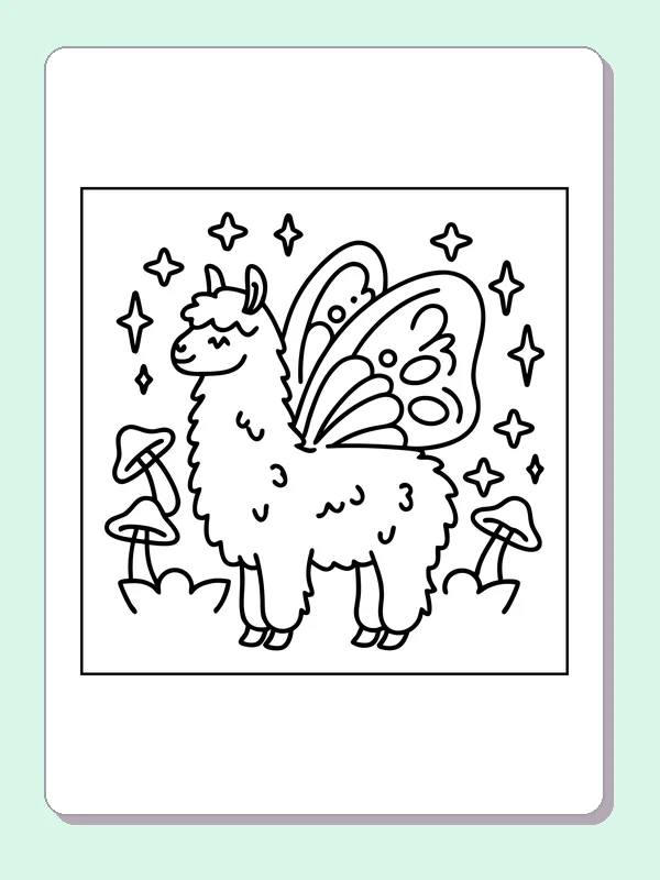 Black-and-white printable butterfly-winged llama among stars coloring sheet