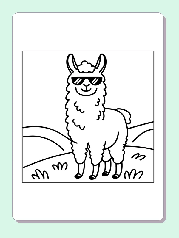 Black-and-white printable cool llama wearing sunglasses coloring sheet