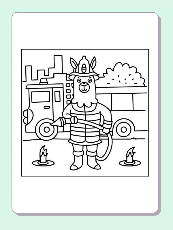 Black-and-white printable firefighter llama near a fire truck coloring sheet