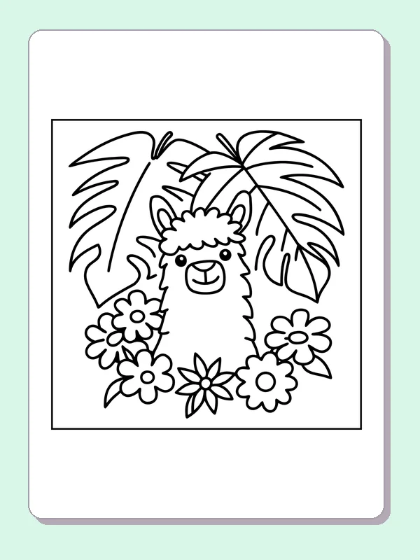 Black-and-white printable llama beneath tropical leaves coloring sheet