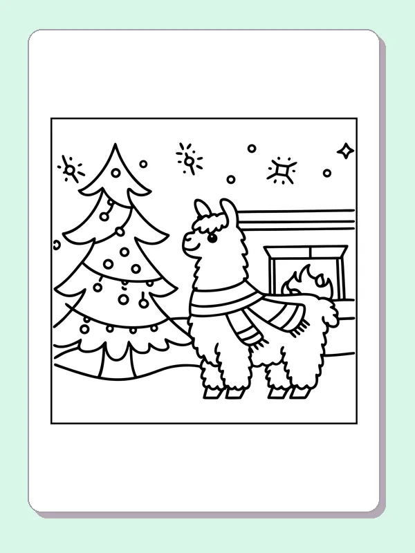 Black-and-white printable llama by a christmas tree coloring sheet