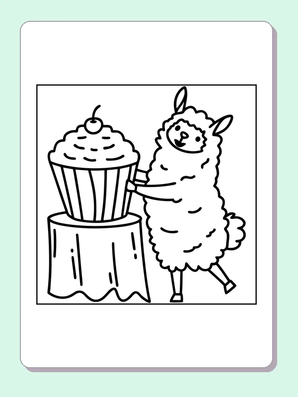 Black-and-white printable llama carrying a giant cupcake coloring sheet