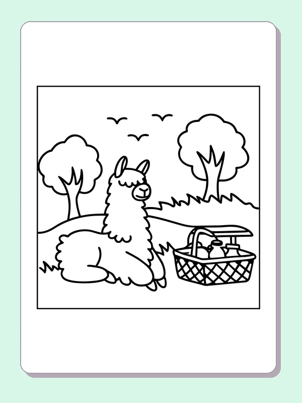Black-and-white printable llama picnicking under a tree coloring sheet