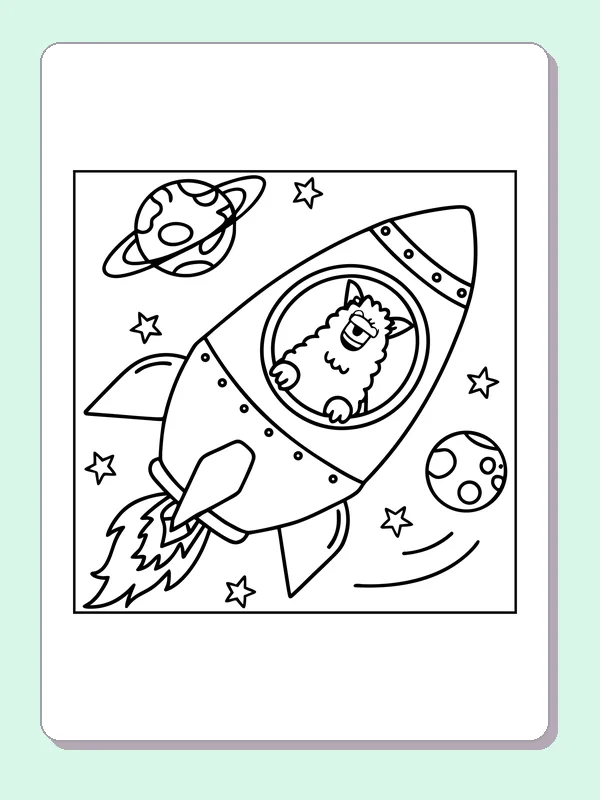 Black-and-white printable llama riding in a rocket coloring sheet