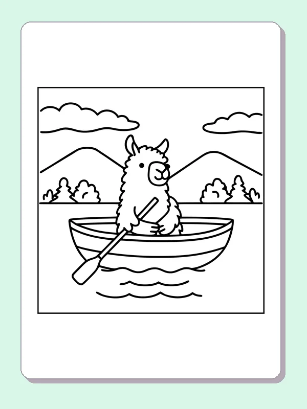 Black-and-white printable llama rowing a small boat coloring sheet