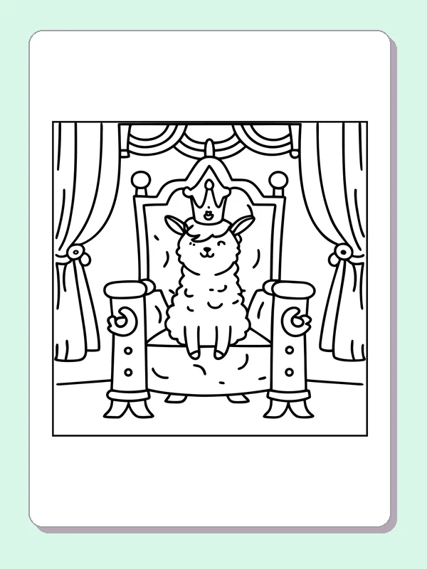 Black-and-white printable llama sitting on a royal chair coloring sheet
