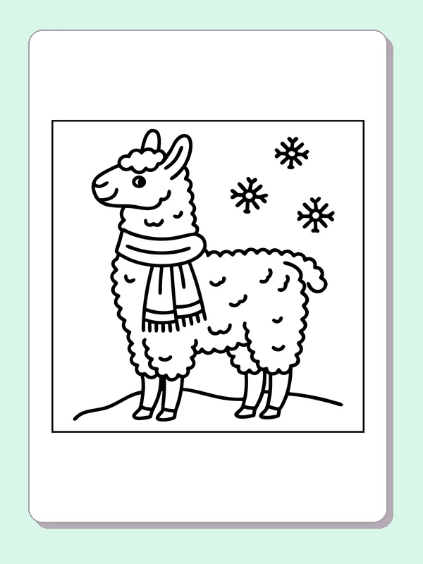Black-and-white printable llama wearing a winter scarf coloring sheet