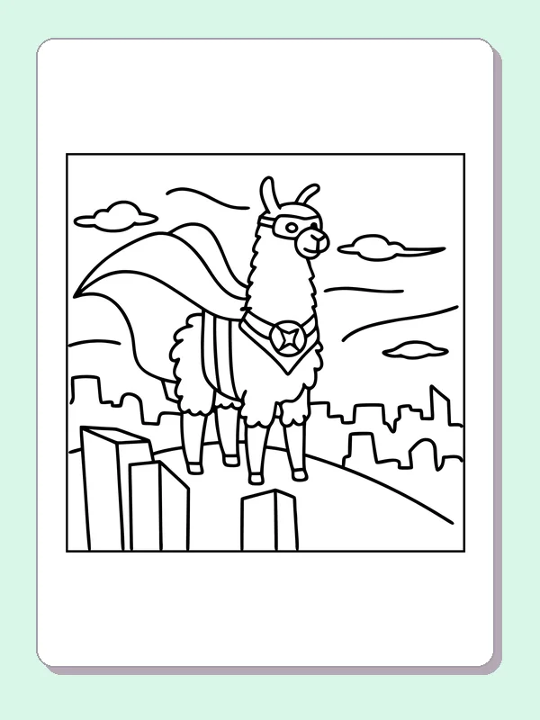 Black-and-white printable superhero llama above a city coloring sheet